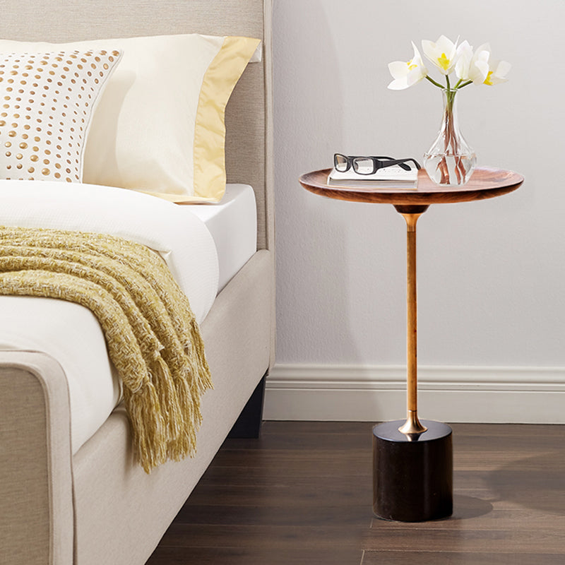 Round Walnut Wood With Solid Steel Base End Table - Vintage Compact Functionality 1-Tray Side Table For Living Room Cuvalon