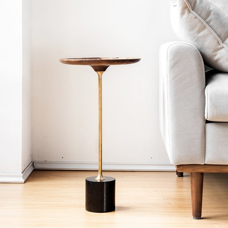 Round Walnut Wood With Solid Steel Base End Table - Vintage Compact Functionality 1-Tray Side Table For Living Room Cuvalon