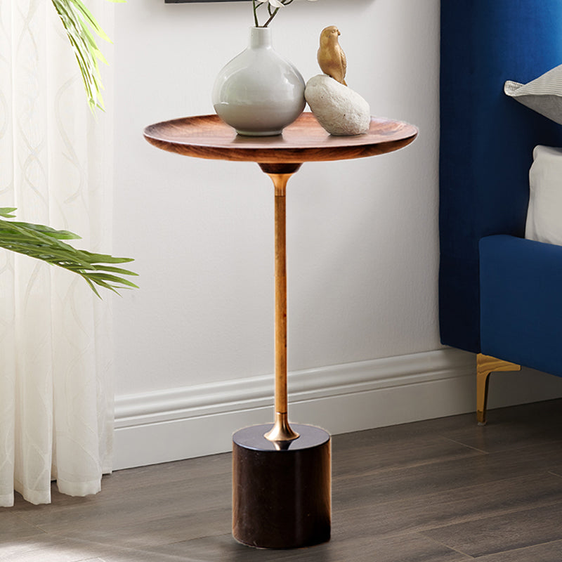Round Walnut Wood With Solid Steel Base End Table - Vintage Compact Functionality 1-Tray Side Table For Living Room Cuvalon