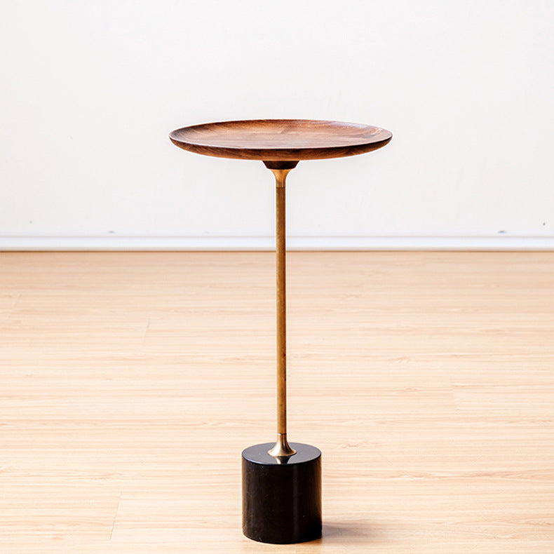 Round Walnut Wood With Solid Steel Base End Table - Vintage Compact Functionality 1-Tray Side Table For Living Room Cuvalon