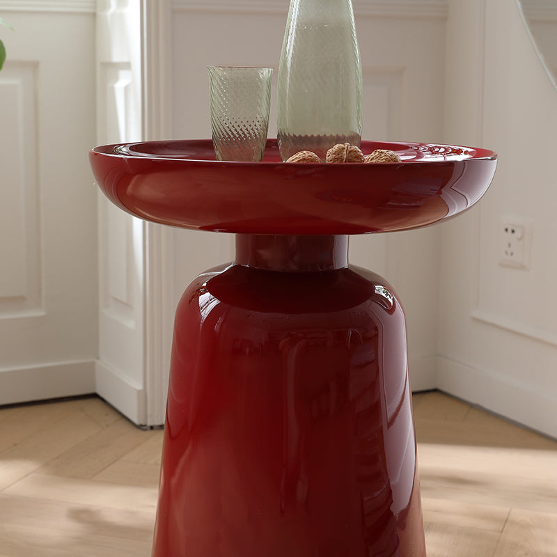 Sculptural Round Fiberglass End Table - Scandinavian Glossy Red Side Table For Living Room Cuvalon