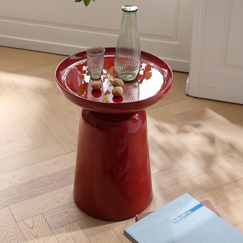 Sculptural Round Fiberglass End Table - Scandinavian Glossy Red Side Table For Living Room Cuvalon