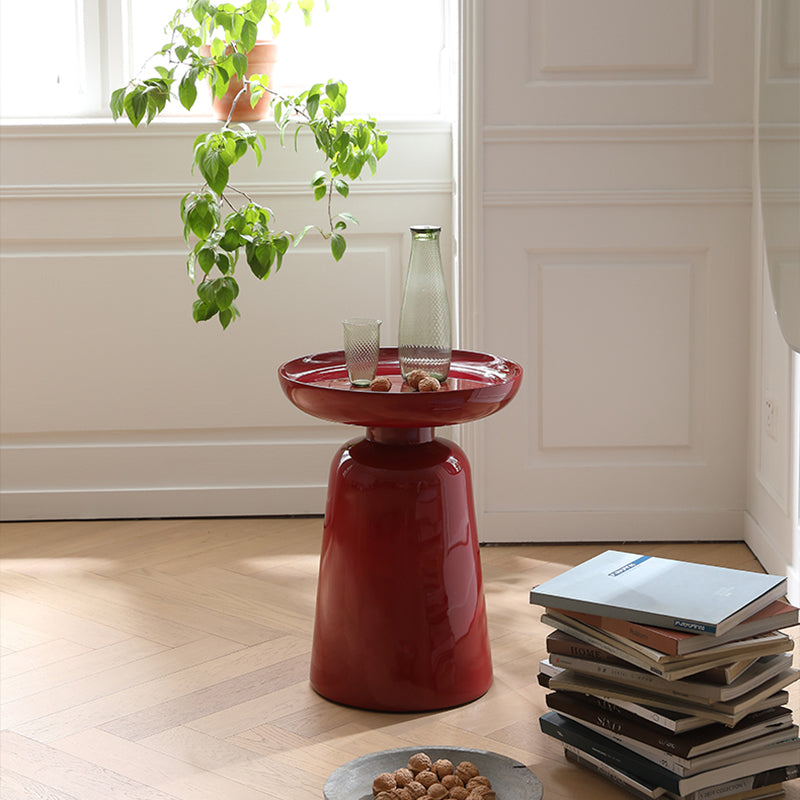 Sculptural Round Fiberglass End Table - Scandinavian Glossy Red Side Table For Living Room Cuvalon
