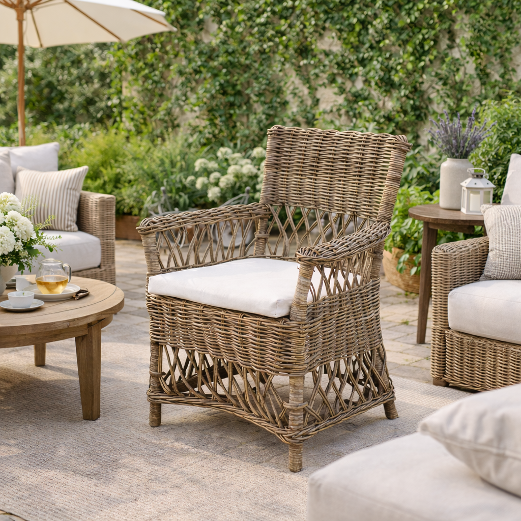 Coastal Rattan Dining Chair - Hand-Woven Indonesian Rattan Chair Backrest Armrest For Garden & Outdoor Patio Cuvalon