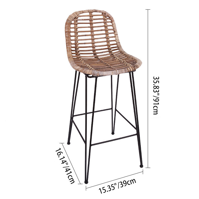 Lightweight Rustic Bar Stool - High-Quality Rattan Weaving Iron Hollowed-Out Backrest Armless Stool For Dining Room Cuvalon