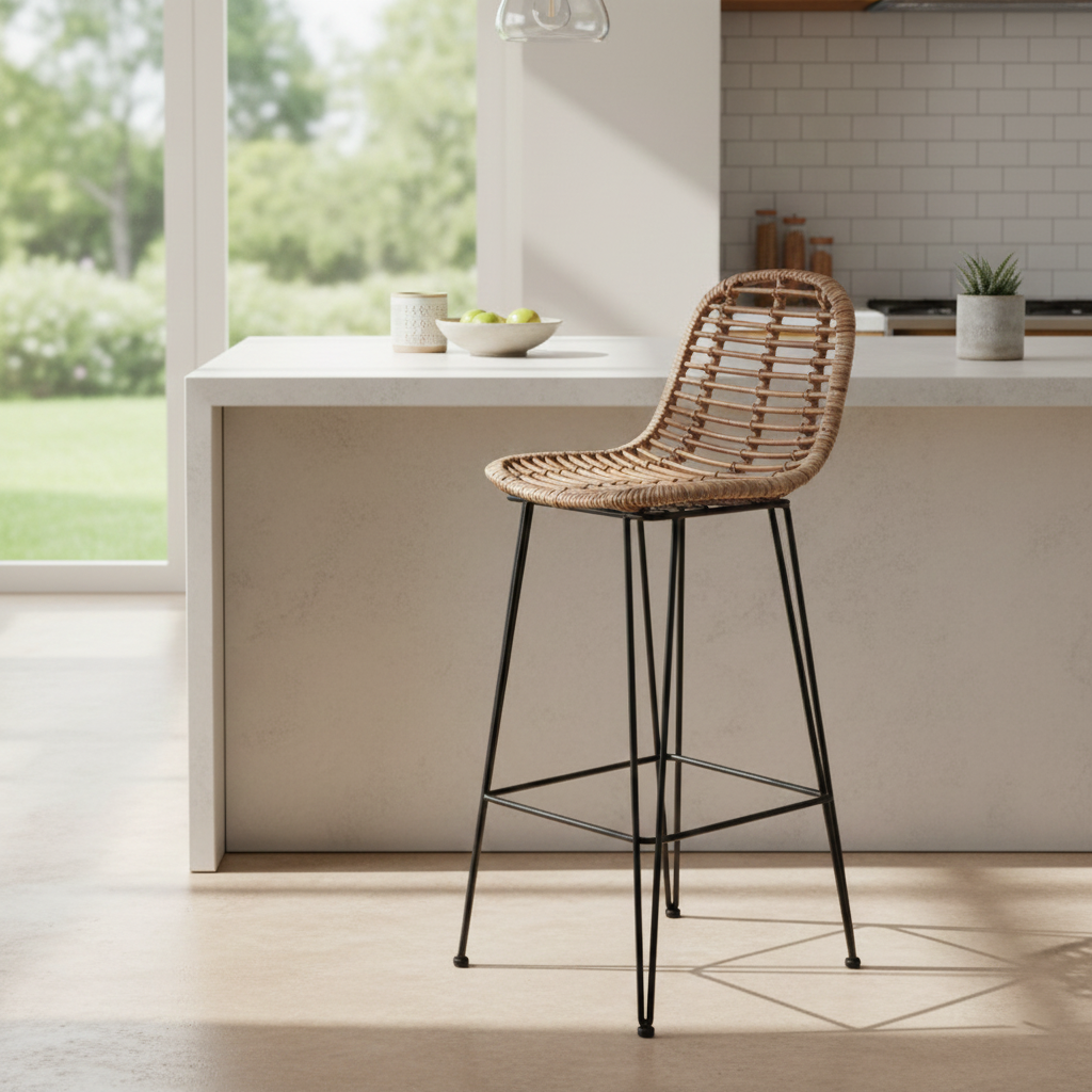 Lightweight Rustic Bar Stool - High-Quality Rattan Weaving Iron Hollowed-Out Backrest Armless Stool For Dining Room Cuvalon