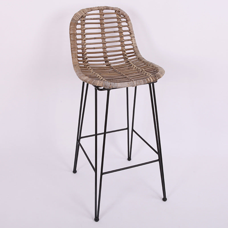 Lightweight Rustic Bar Stool - High-Quality Rattan Weaving Iron Hollowed-Out Backrest Armless Stool For Dining Room Cuvalon