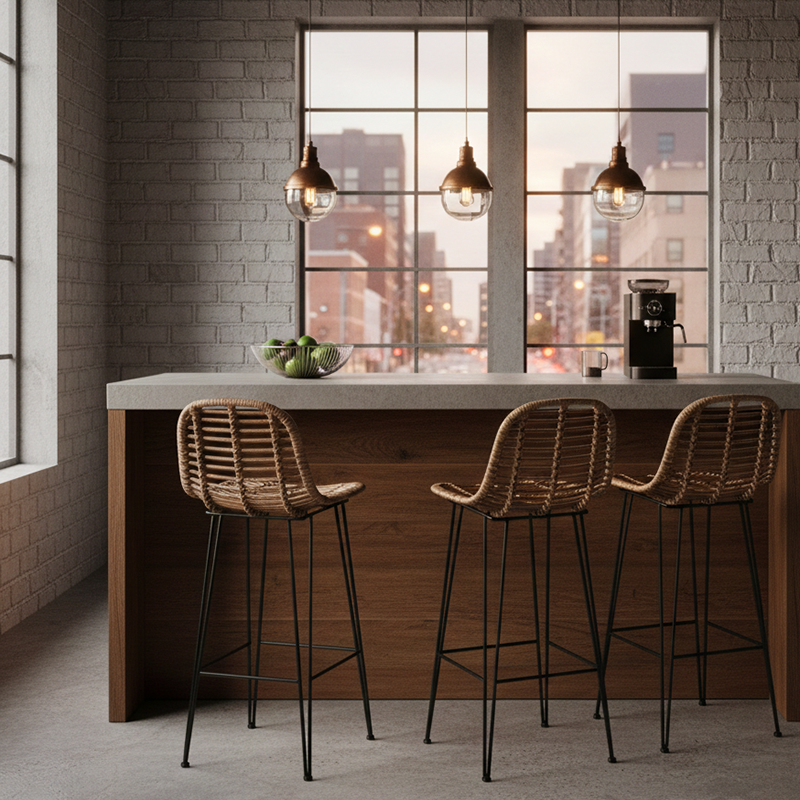 Lightweight Rustic Bar Stool - High-Quality Rattan Weaving Iron Hollowed-Out Backrest Armless Stool For Dining Room Cuvalon