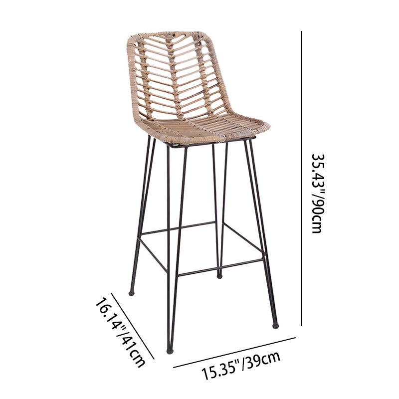 Breathable Coastal Bar Stool - Hand-Woven Texture Hollow Rattan Backrest Armless Stool For Dining Room Cuvalon