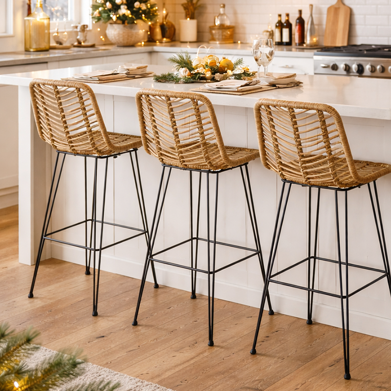 Breathable Coastal Bar Stool - Hand-Woven Texture Hollow Rattan Backrest Armless Stool For Dining Room Cuvalon