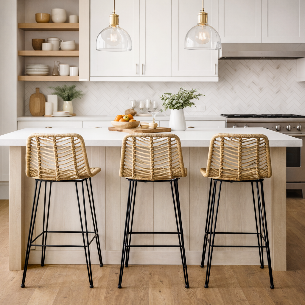 Breathable Coastal Bar Stool - Hand-Woven Texture Hollow Rattan Backrest Armless Stool For Dining Room Cuvalon
