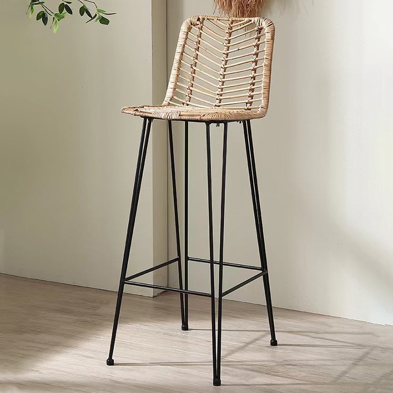Breathable Coastal Bar Stool - Hand-Woven Texture Hollow Rattan Backrest Armless Stool For Dining Room Cuvalon
