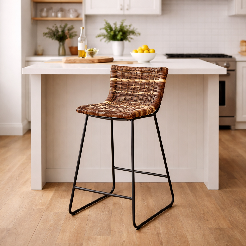 Farmhouse Rattan Bar Stool - Easy-Maneuver Rattan Cool Seating Bar Dining Stool For Dining Room & Kitchen Cuvalon