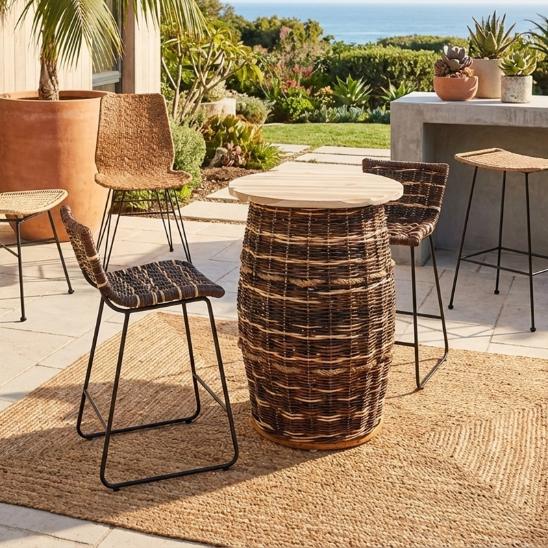 Farmhouse Rattan Bar Stool - Easy-Maneuver Rattan Cool Seating Bar Dining Stool For Dining Room & Kitchen Cuvalon