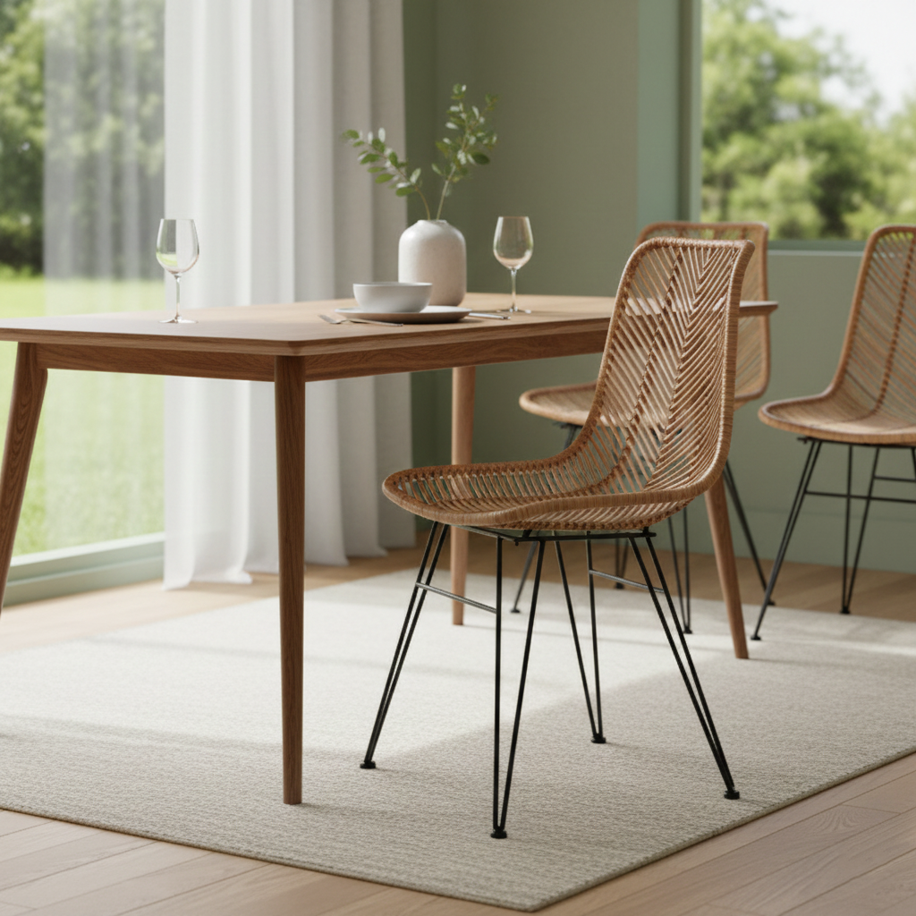Coastal Rattan Dining Chair - Hand-Woven Feather-Leaf Texture & Iron Frame Chair For Dining Room & Kitchen Cuvalon