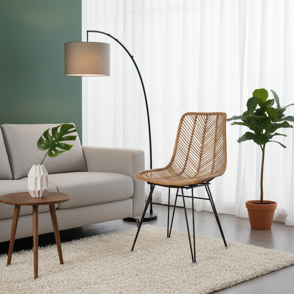 Coastal Rattan Dining Chair - Hand-Woven Feather-Leaf Texture & Iron Frame Chair For Dining Room & Kitchen Cuvalon