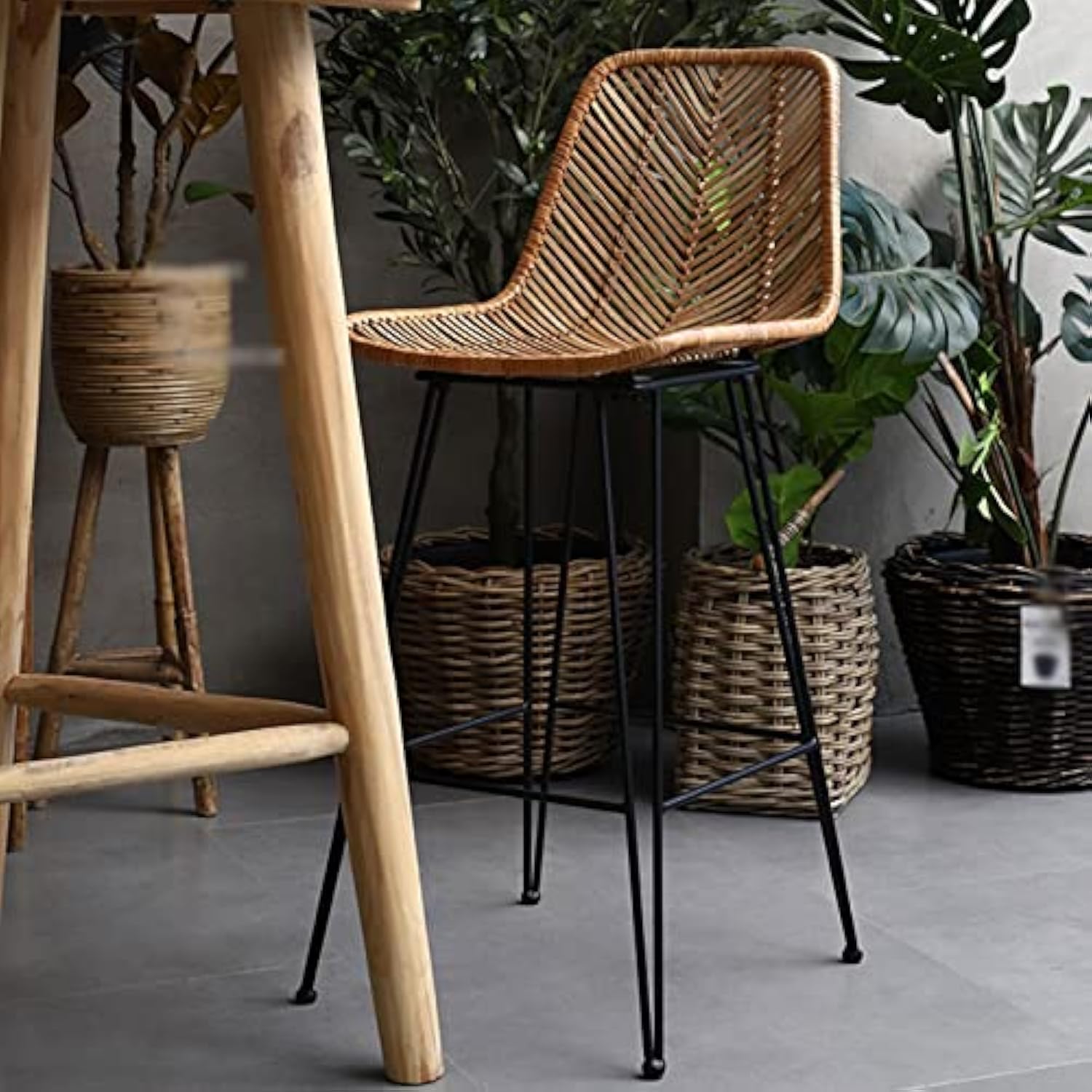 Boho-Style Rattan Weaving Bar Stool - Stable Support Airy Texture Backrest Stool For Dining Room & Kitchen Cuvalon