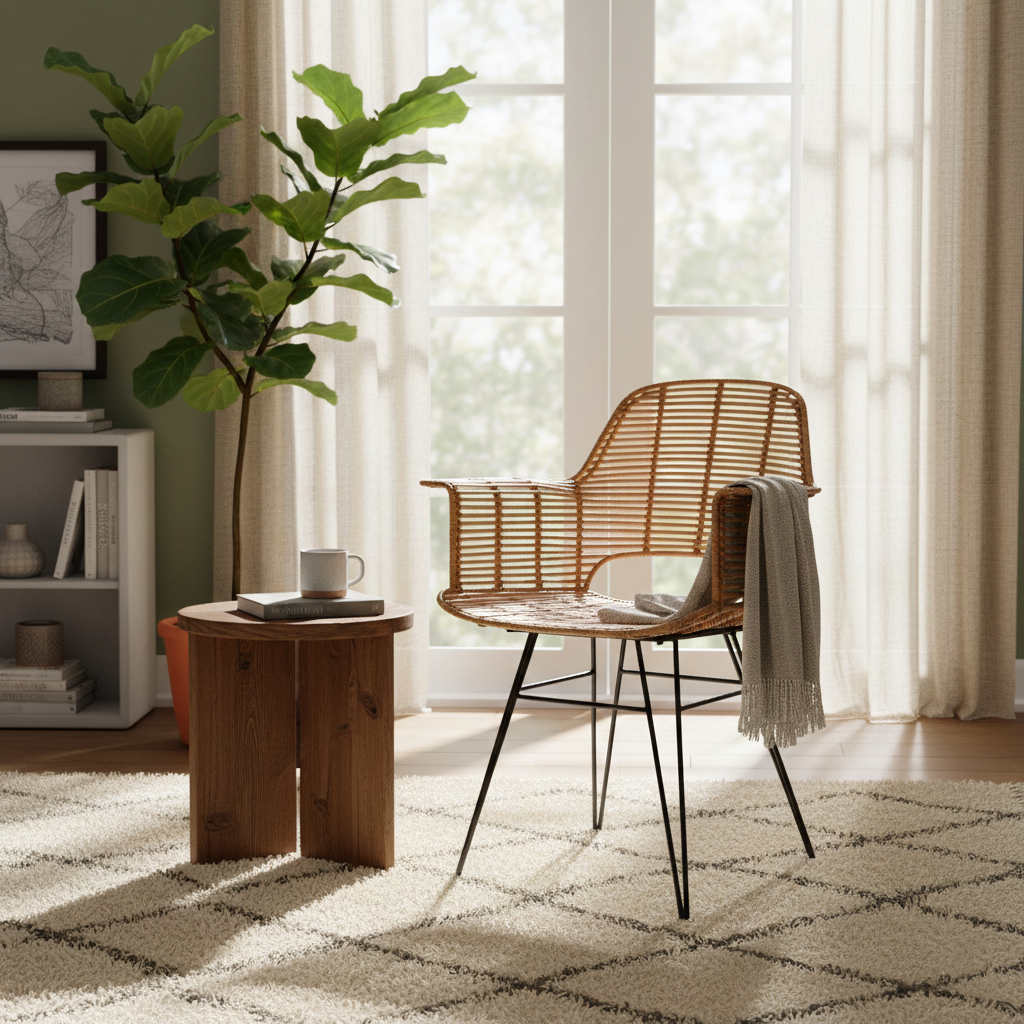 Lightweight Rattan Armchair - Breathable Hand-Woven Chair Backrest Armrest For Living Room Cuvalon