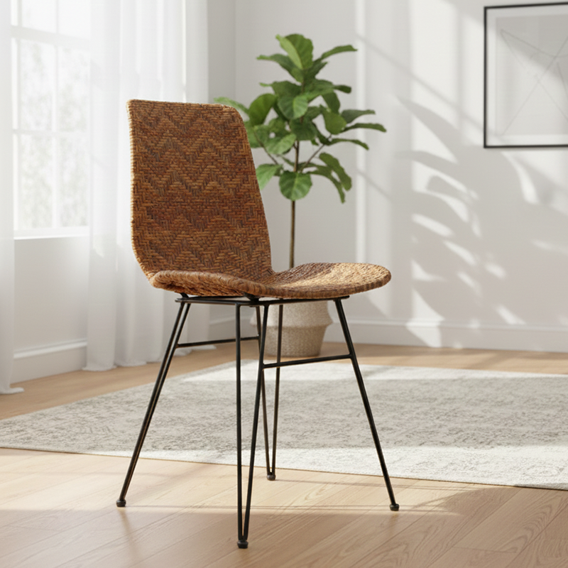 Rust-Proof Iron Frame Dining Chair - Lightweight Hand-Woven Rattan Weaving Chair For Dining Room Cuvalon
