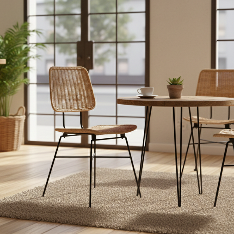 Sleek Minimalist Iron Frame Chair - Hand-Woven Breathable Rattan Dining Chair For Dining Room & Kitchen Cuvalon
