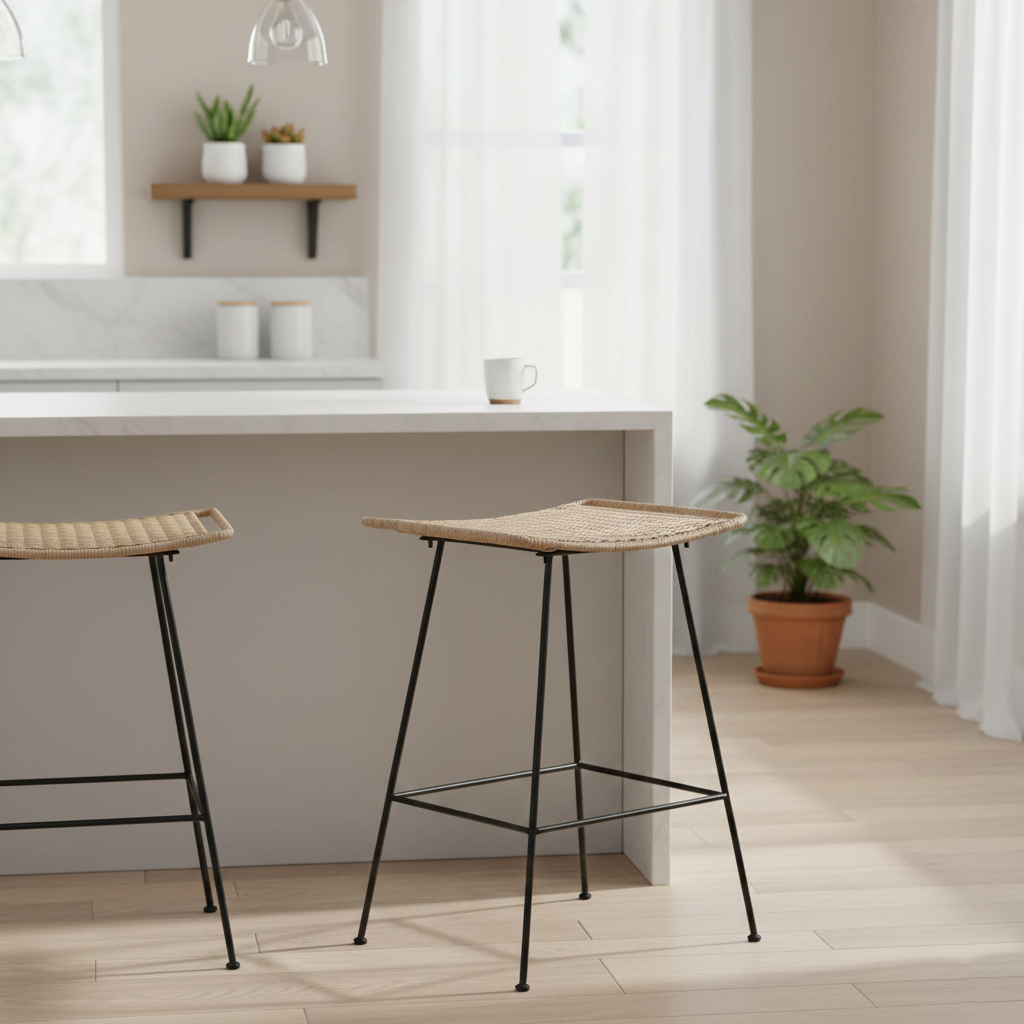 Curved-Seat Rattan Bar Stool - Lightweight Rattan Weaving Backless Stool For Dining Room Cuvalon