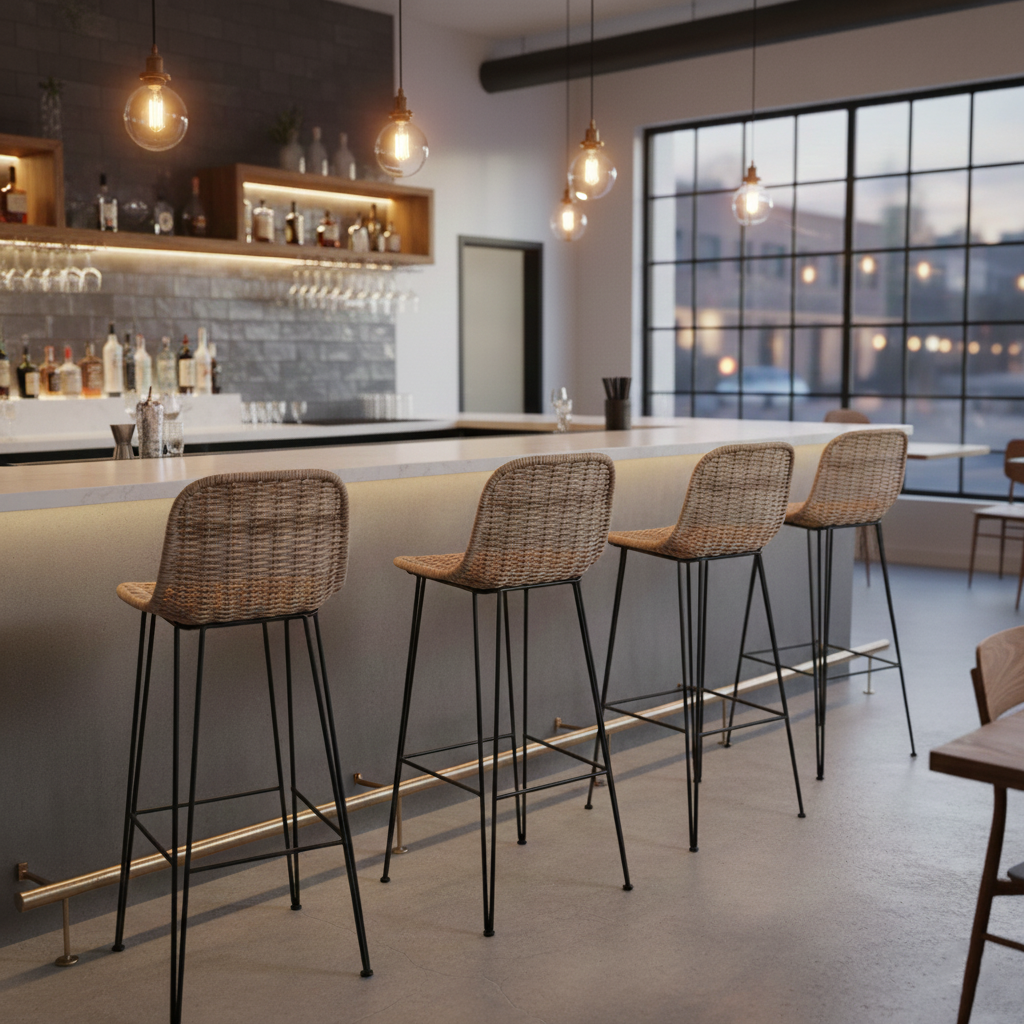 Rust-Proof Iron Frame Rattan Weaving Bar Stool - Breathable Ocean-View Seating Stool For Dining Room & Kitchen Cuvalon