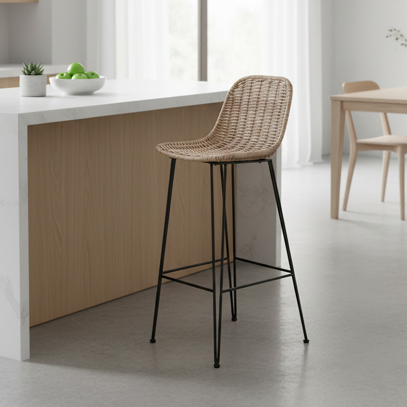 Rust-Proof Iron Frame Rattan Weaving Bar Stool - Breathable Ocean-View Seating Stool For Dining Room & Kitchen Cuvalon