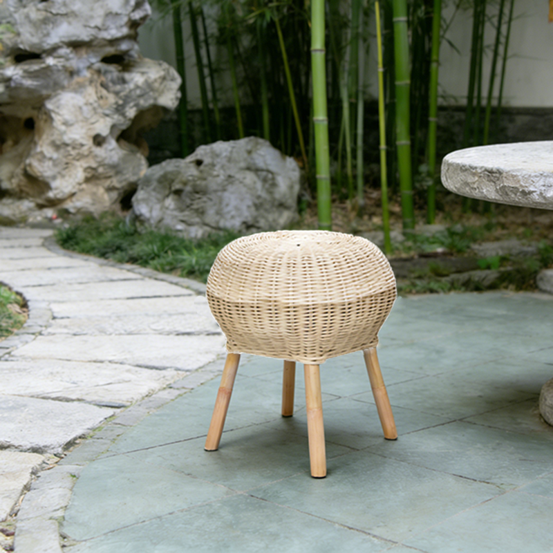 Traditional Chinese Natural Rattan Shoe Bench - Drum Handmade Shoe Stool For Living Room Cuvalon