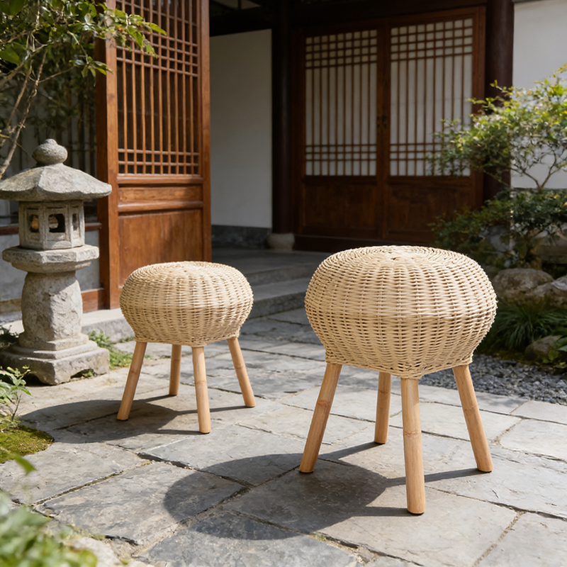 Traditional Chinese Natural Rattan Shoe Bench - Drum Handmade Shoe Stool For Living Room Cuvalon