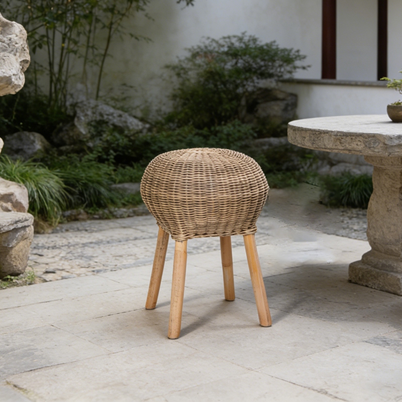 Traditional Chinese Natural Rattan Shoe Bench - Drum Handmade Shoe Stool For Living Room Cuvalon