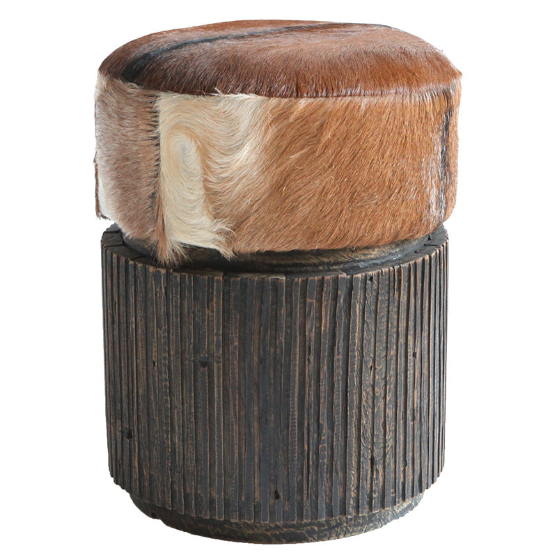 Traditional Teak Wood & Goatskin Stool - Oriental Handmade Furniture Chair For Living Room Cuvalon