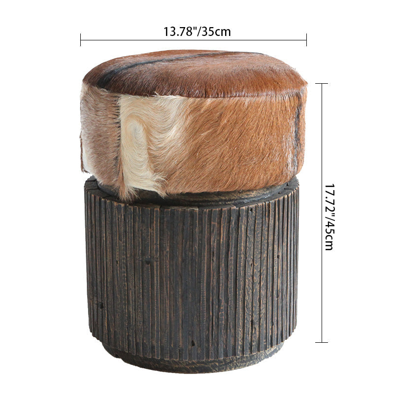 Traditional Teak Wood & Goatskin Stool - Oriental Handmade Furniture Chair For Living Room Cuvalon
