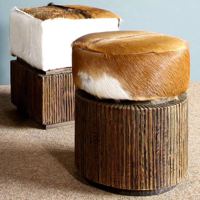 Traditional Teak Wood & Goatskin Stool - Oriental Handmade Furniture Chair For Living Room Cuvalon