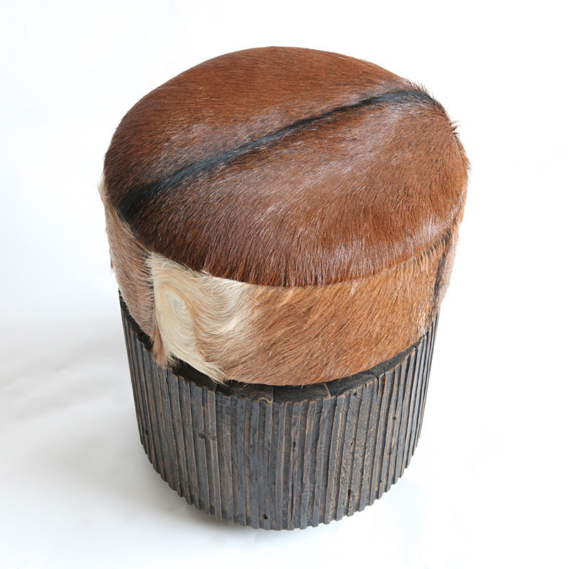 Traditional Teak Wood & Goatskin Stool - Oriental Handmade Furniture Chair For Living Room Cuvalon