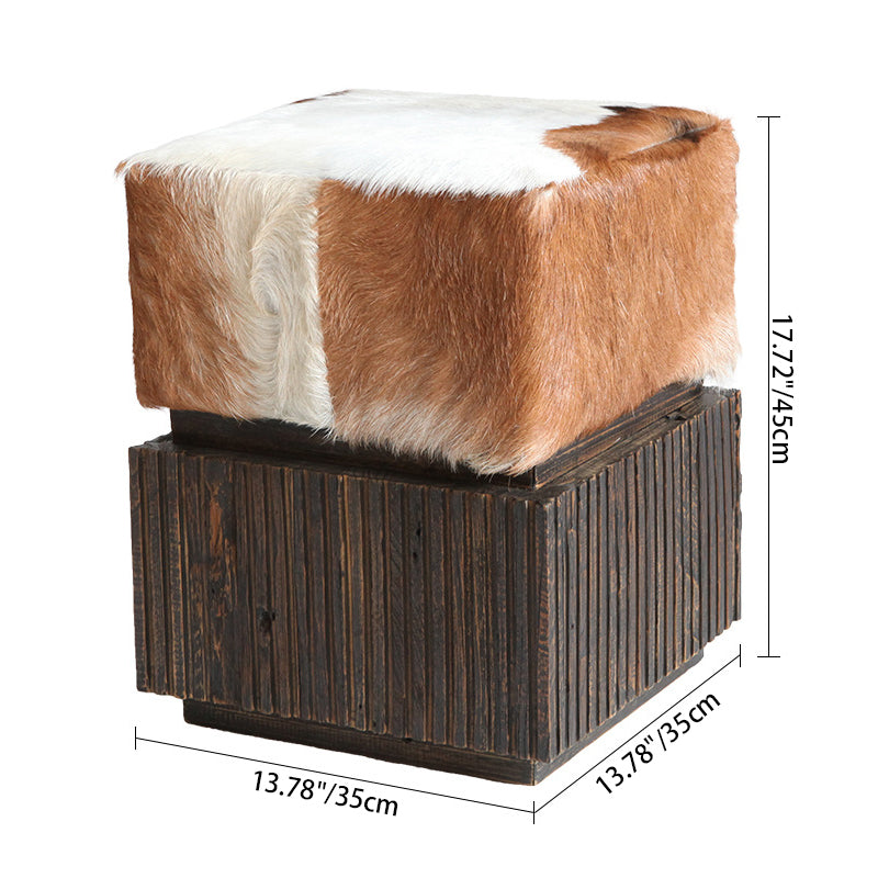 Traditional Chinese Teak Wood & Goatskin Shoe Stool - Square Handcrafted Chair For Living Room Cuvalon