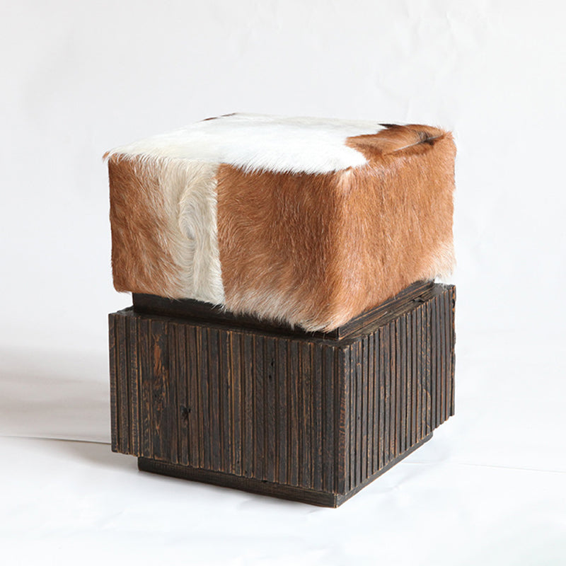 Traditional Chinese Teak Wood & Goatskin Shoe Stool - Square Handcrafted Chair For Living Room Cuvalon