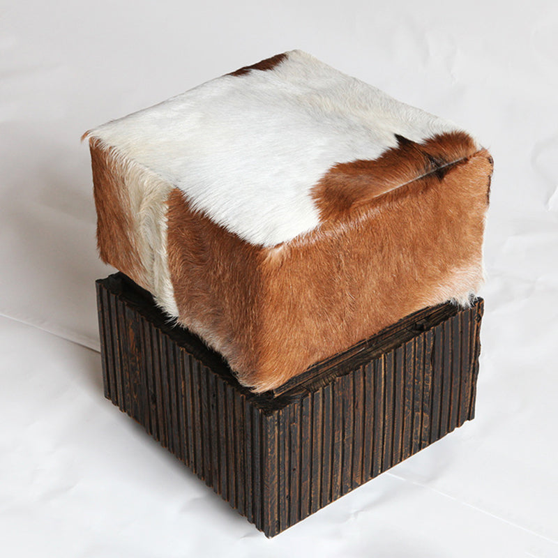 Traditional Chinese Teak Wood & Goatskin Shoe Stool - Square Handcrafted Chair For Living Room Cuvalon