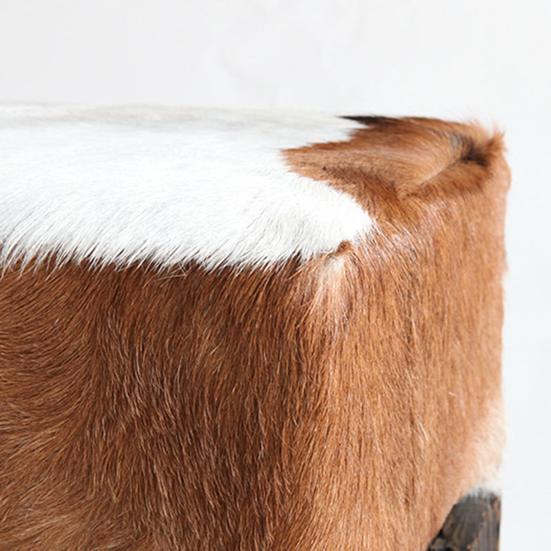 Traditional Chinese Teak Wood & Goatskin Shoe Stool - Square Handcrafted Chair For Living Room Cuvalon