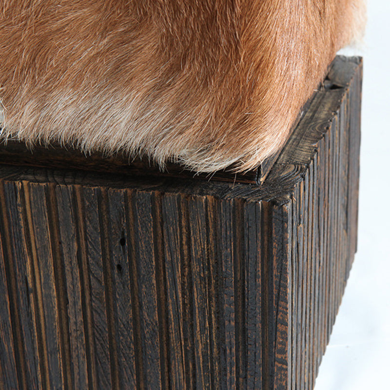 Traditional Chinese Teak Wood & Goatskin Shoe Stool - Square Handcrafted Chair For Living Room Cuvalon