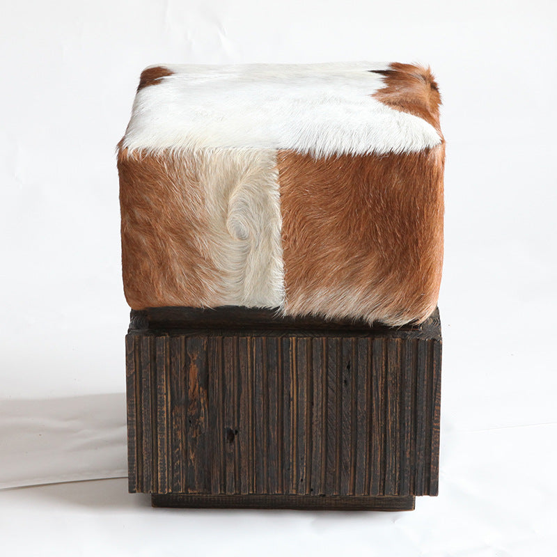 Traditional Chinese Teak Wood & Goatskin Shoe Stool - Square Handcrafted Chair For Living Room Cuvalon