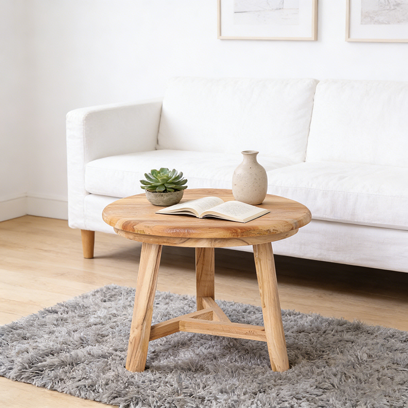 Traditional Japanese Teak Wood Side Table - Low Round Accent Table For Living Room Cuvalon