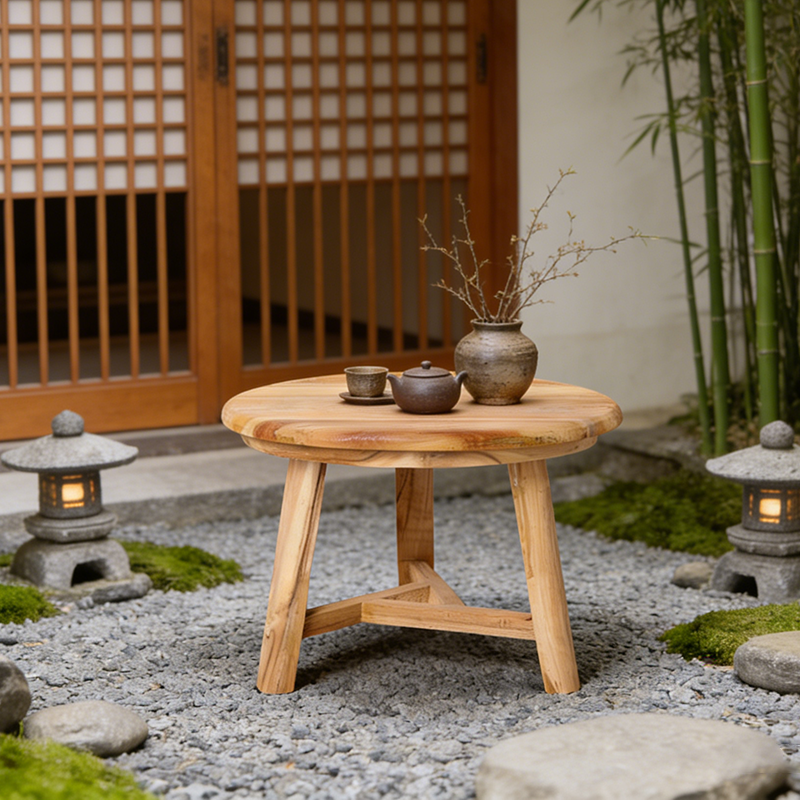 Traditional Japanese Teak Wood Side Table - Low Round Accent Table For Living Room Cuvalon