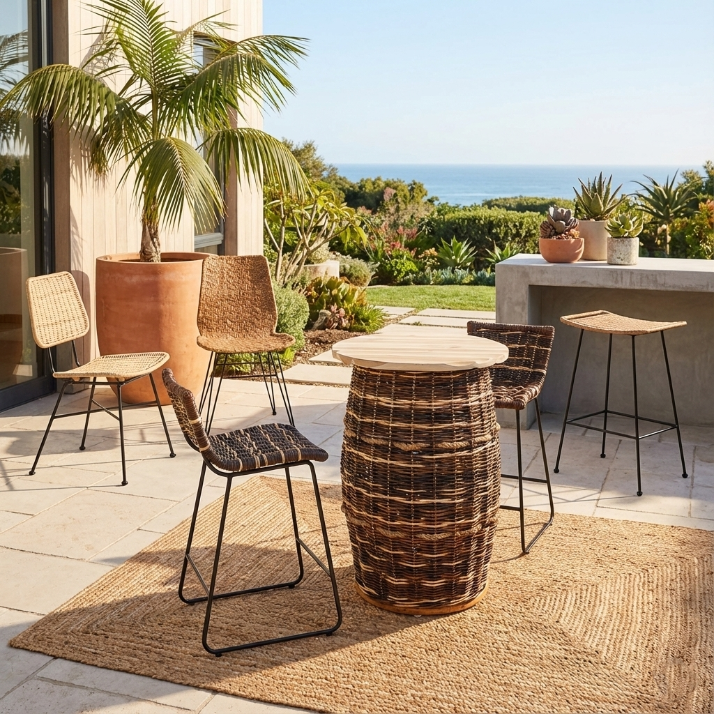Rustic Teak & Rattan Weaving Bar Table - Dual-Material Durability & Natural Charm Table For Dining Room & Kitchen Cuvalon