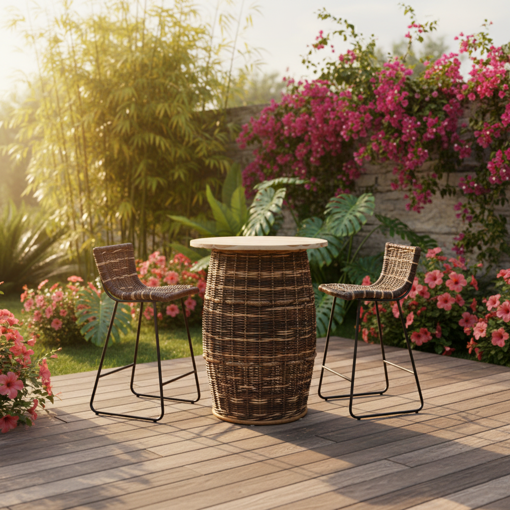 Rustic Teak & Rattan Weaving Bar Table - Dual-Material Durability & Natural Charm Table For Dining Room & Kitchen Cuvalon