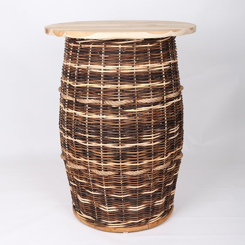 Rustic Teak & Rattan Weaving Bar Table - Dual-Material Durability & Natural Charm Table For Dining Room & Kitchen Cuvalon