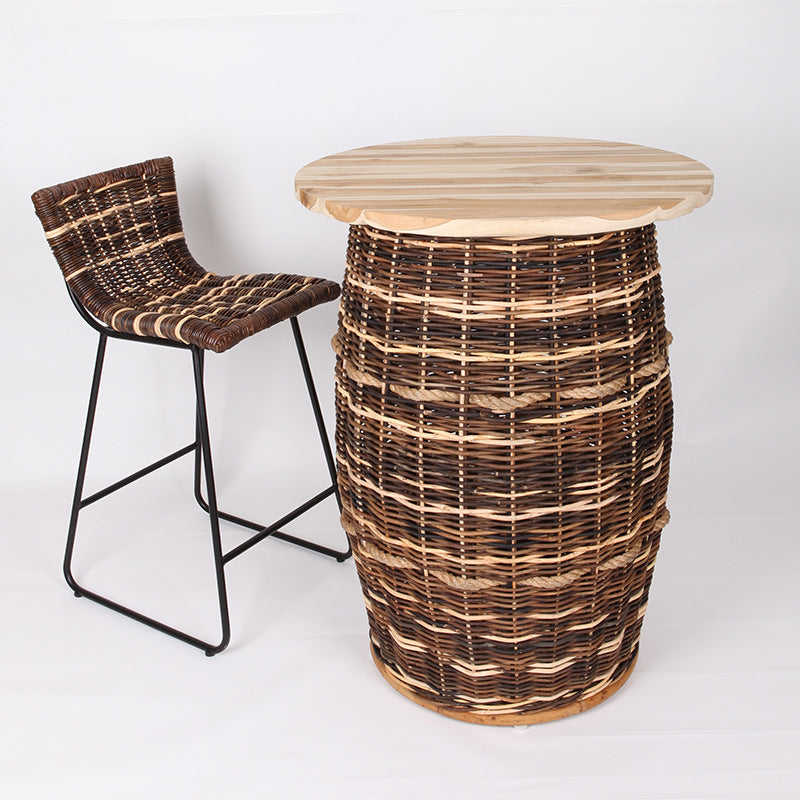 Rustic Teak & Rattan Weaving Bar Table - Dual-Material Durability & Natural Charm Table For Dining Room & Kitchen Cuvalon