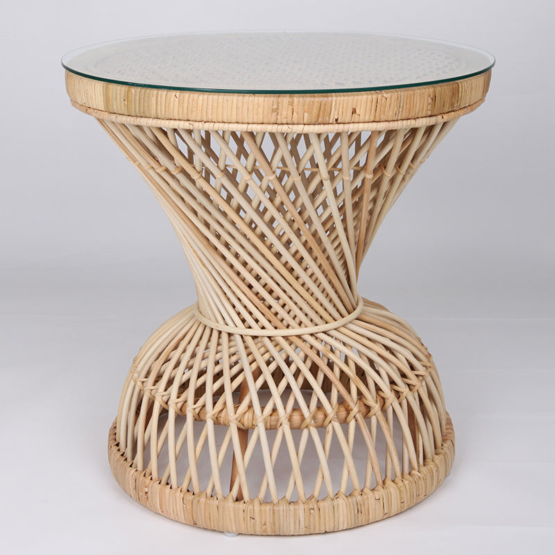 Traditional Chinese Handwoven Indonesian Rattan Side Table - Hourglass Round End Table For Living Room Cuvalon