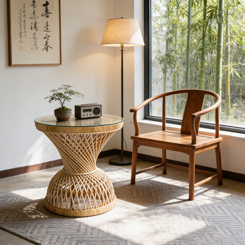 Traditional Chinese Handwoven Indonesian Rattan Side Table - Hourglass Round End Table For Living Room Cuvalon