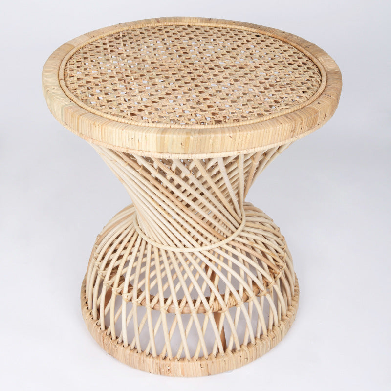 Traditional Chinese Handwoven Indonesian Rattan Side Table - Hourglass Round End Table For Living Room Cuvalon