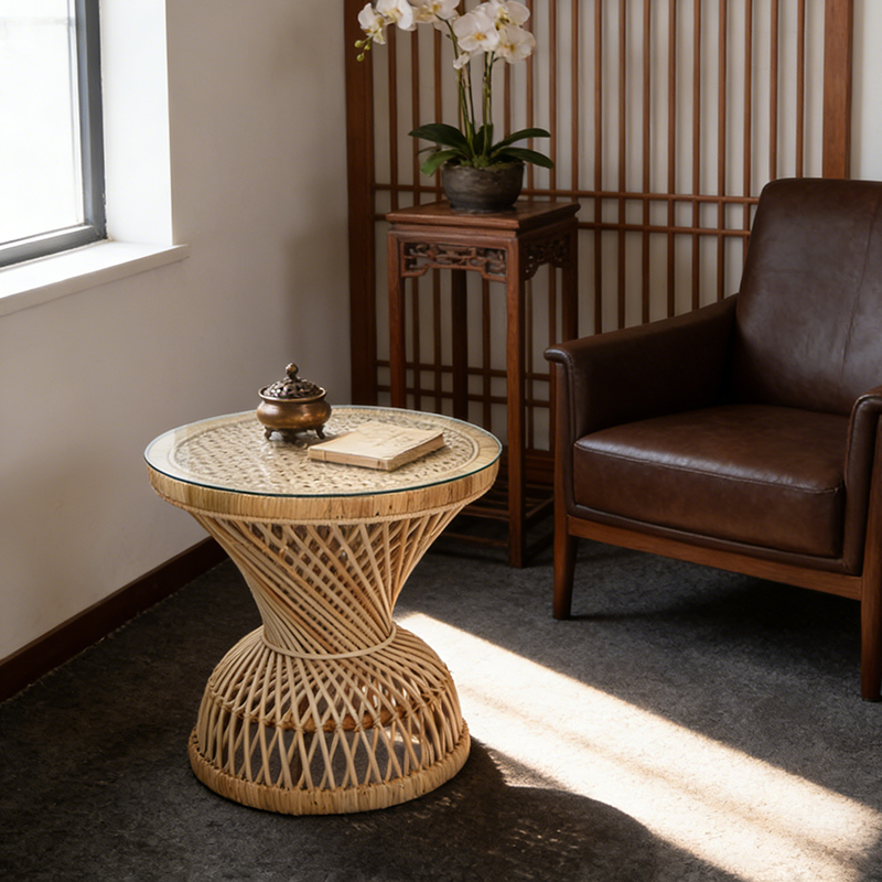 Traditional Chinese Handwoven Indonesian Rattan Side Table - Hourglass Round End Table For Living Room Cuvalon